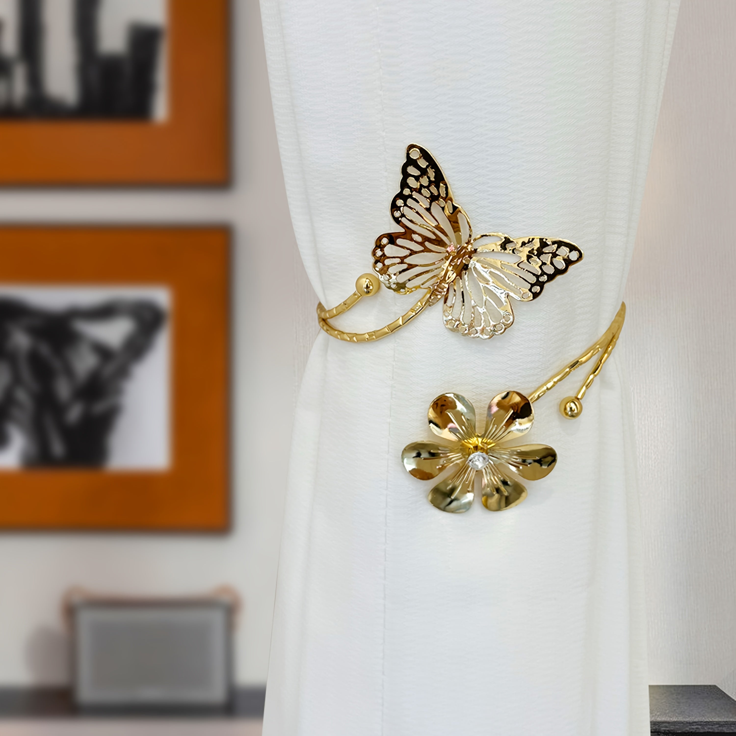 Set of 2 Gold and Silver Flower Butterfly Curtain Tiebacks Hollowed-Out Buckles