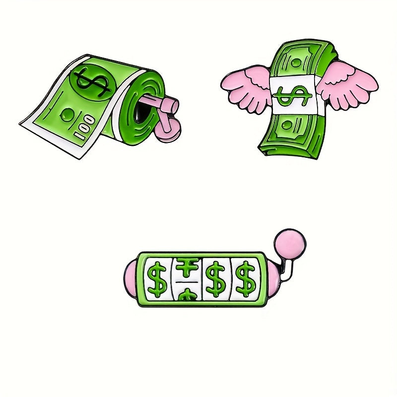 Set of 3 Angel Wings Enamel Pins with Money Dollar Design, Fashion Brooches for Women