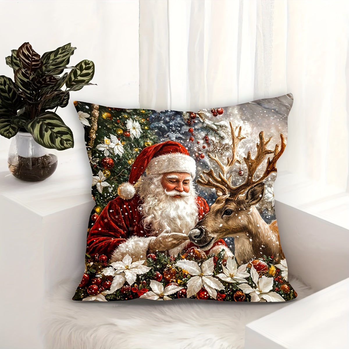 Rojdestvo Santa Rəindeer Velur Yostiq qopqog'i 44.96x44.96 sm Zipper Mashina yuvish mumkin