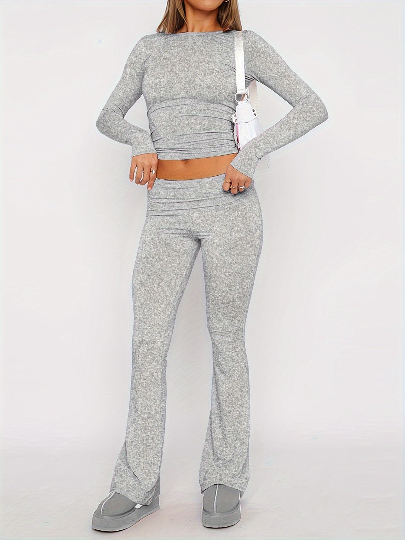 Women Casual Knit Pant Set Crew Neck Top and Pants in Solid Modal Spandex Fabric