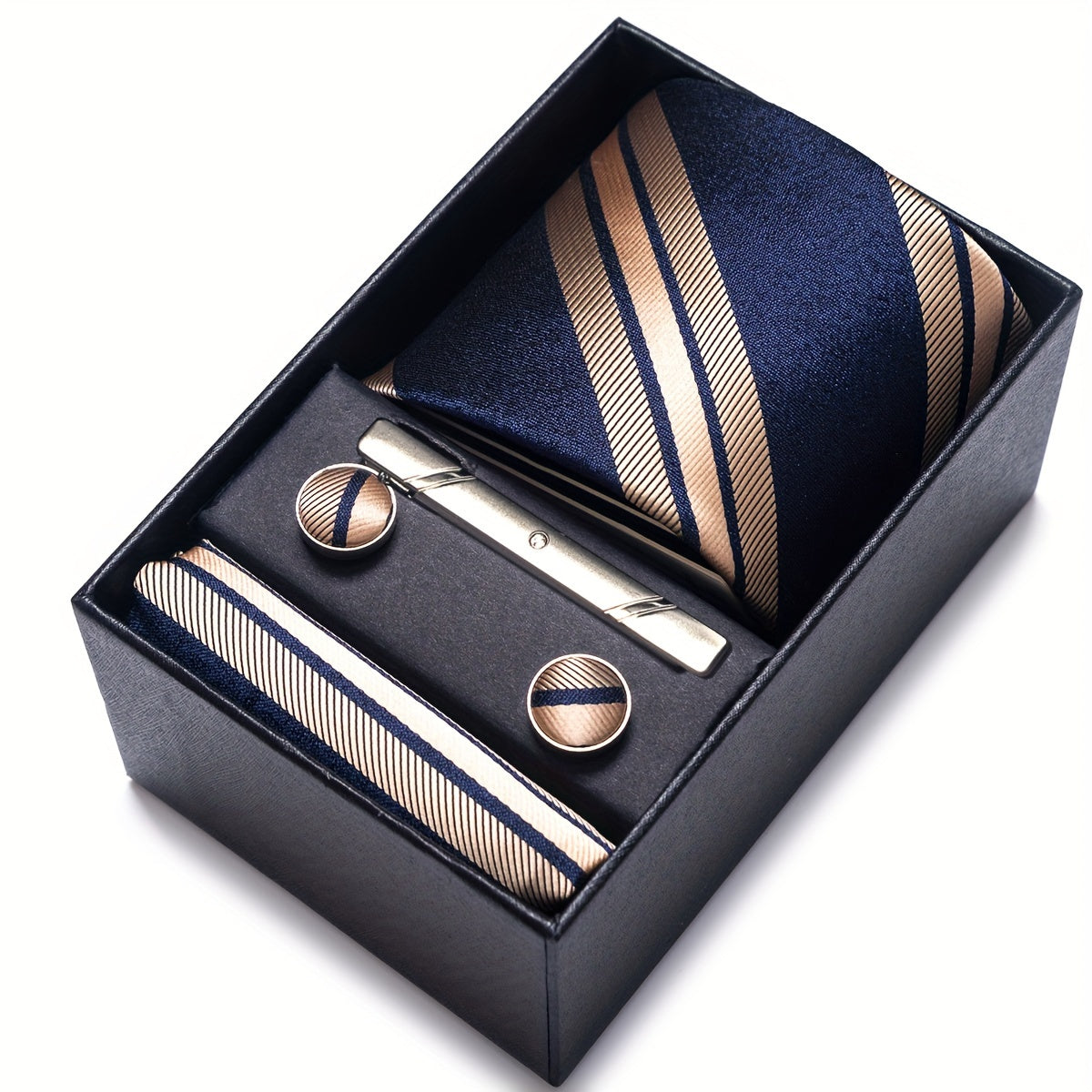 Men's Gift Box Set with Tie, Pocket Square, Cufflinks and Tie Clip for Weddings
