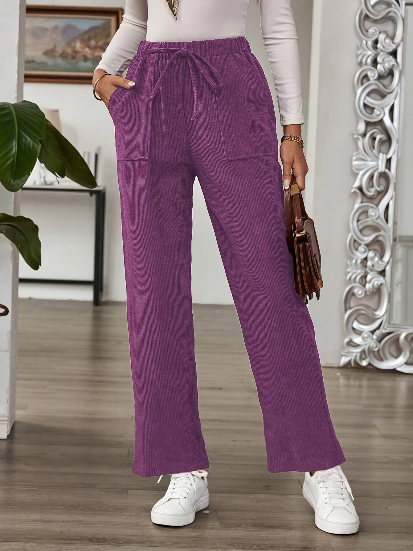 Pantalones de pana rectos para mujer de tallas grandes con bolsillos para todas las estaciones