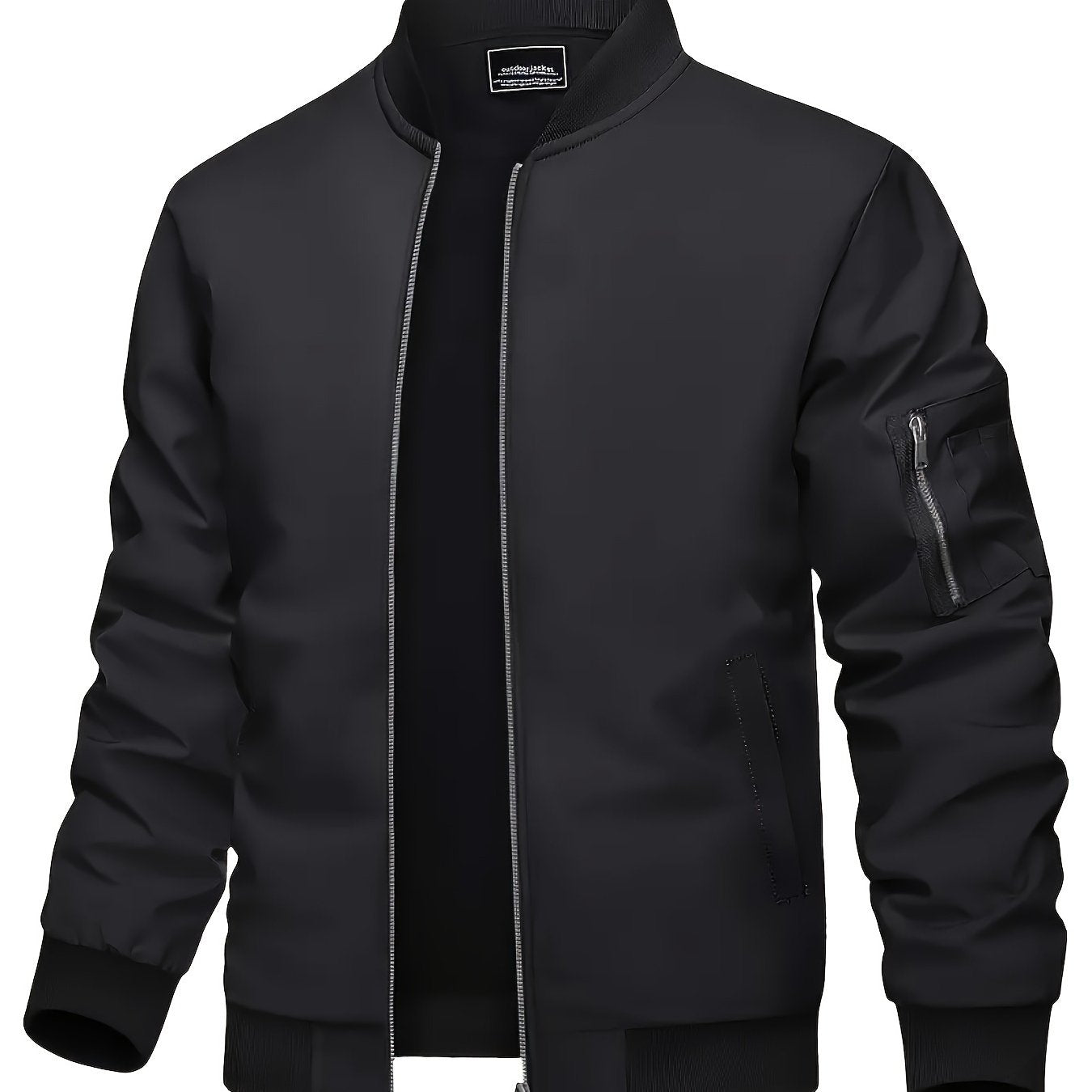 Men's Beige Bomber Jacket with Zipper Stand Collar Ribbed Cuffs and Stretch Fabric for Spring Fall Outdoor Activities