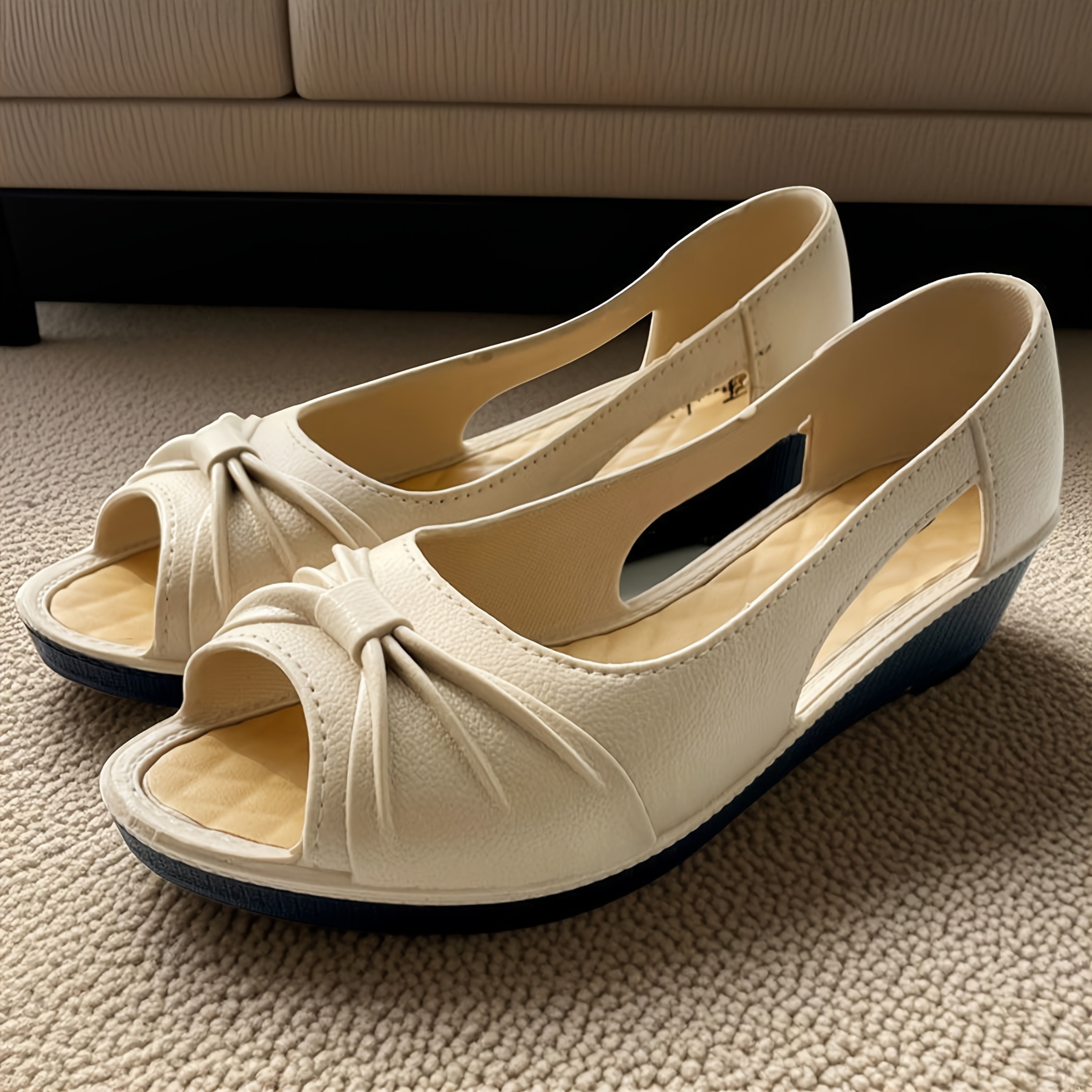 Women's Low Wedge Slide Sandals Soft EVA Peep-Toe Bow Non-Slip Rubber