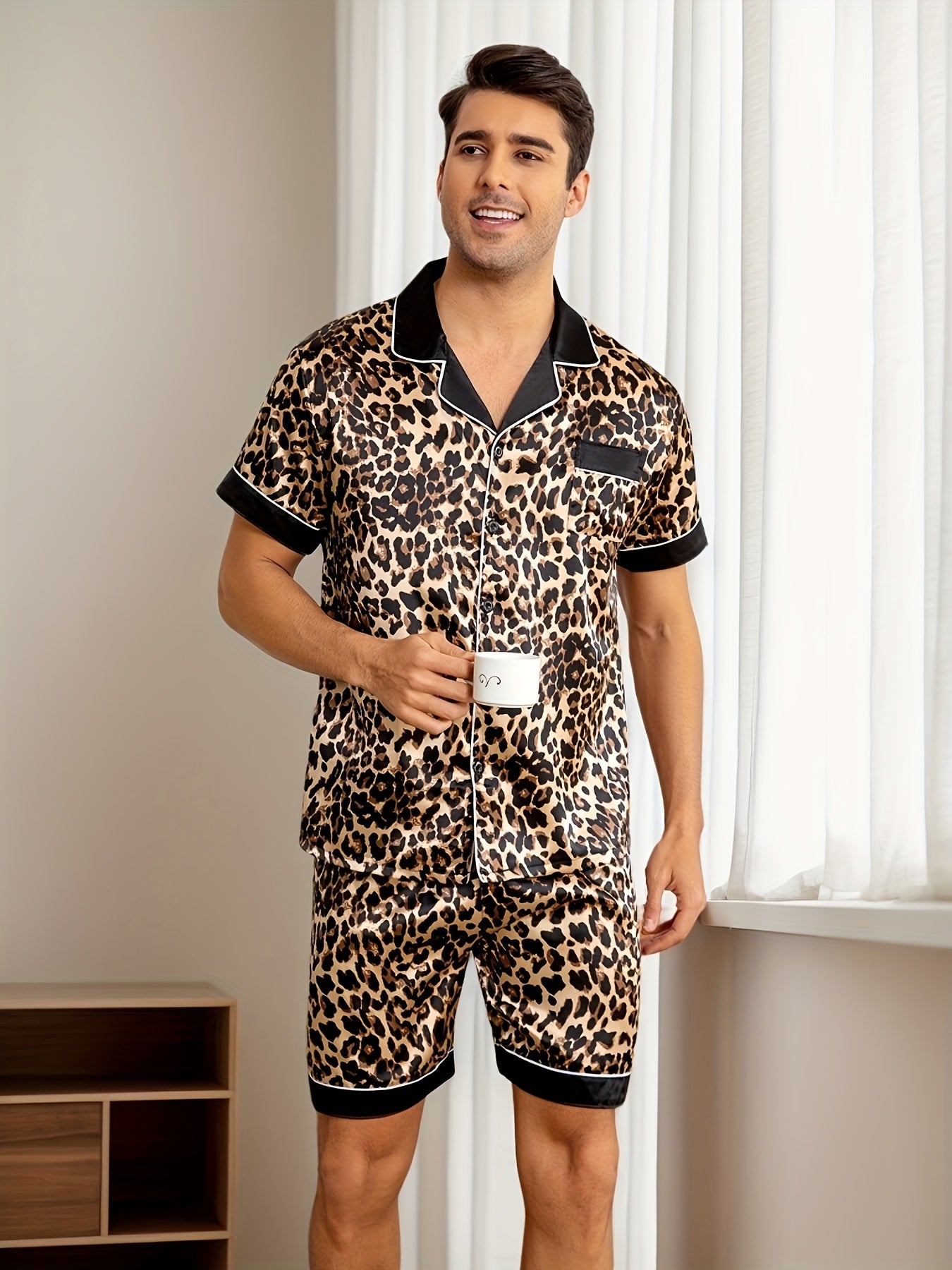 Men's Summer Pajama Set with Reversible Collar Short Sleeves Breathable Polyester