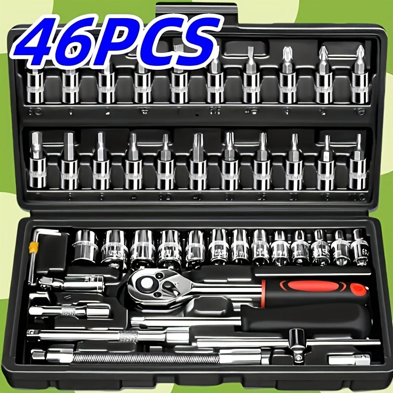 Juego de llaves de vaso de 46 piezas, juego de herramientas con carraca de 1/4 de pulgada para coche y bicicleta