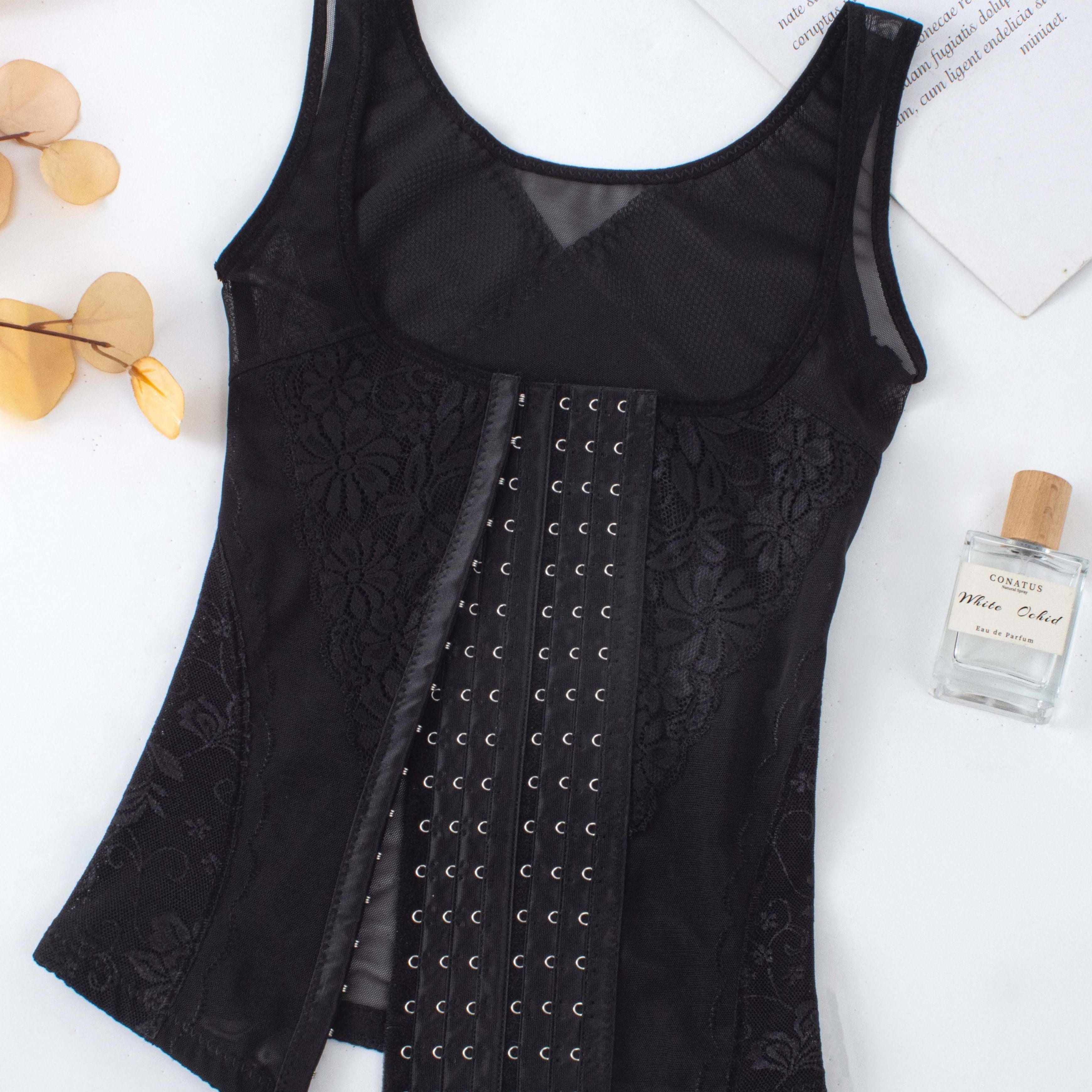 Black Postpartum Waist Trainer Tank Top with Lace Trim Mesh Panel Tummy Control