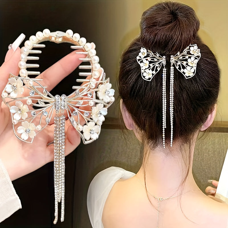 Beautiful Hair Accessory: Delicate Metal Hair Clip with Intricate Butterfly and Flower Design, Imitation Pearl Accents, Sparkling Rhinestones, and Tassel Ball Details
