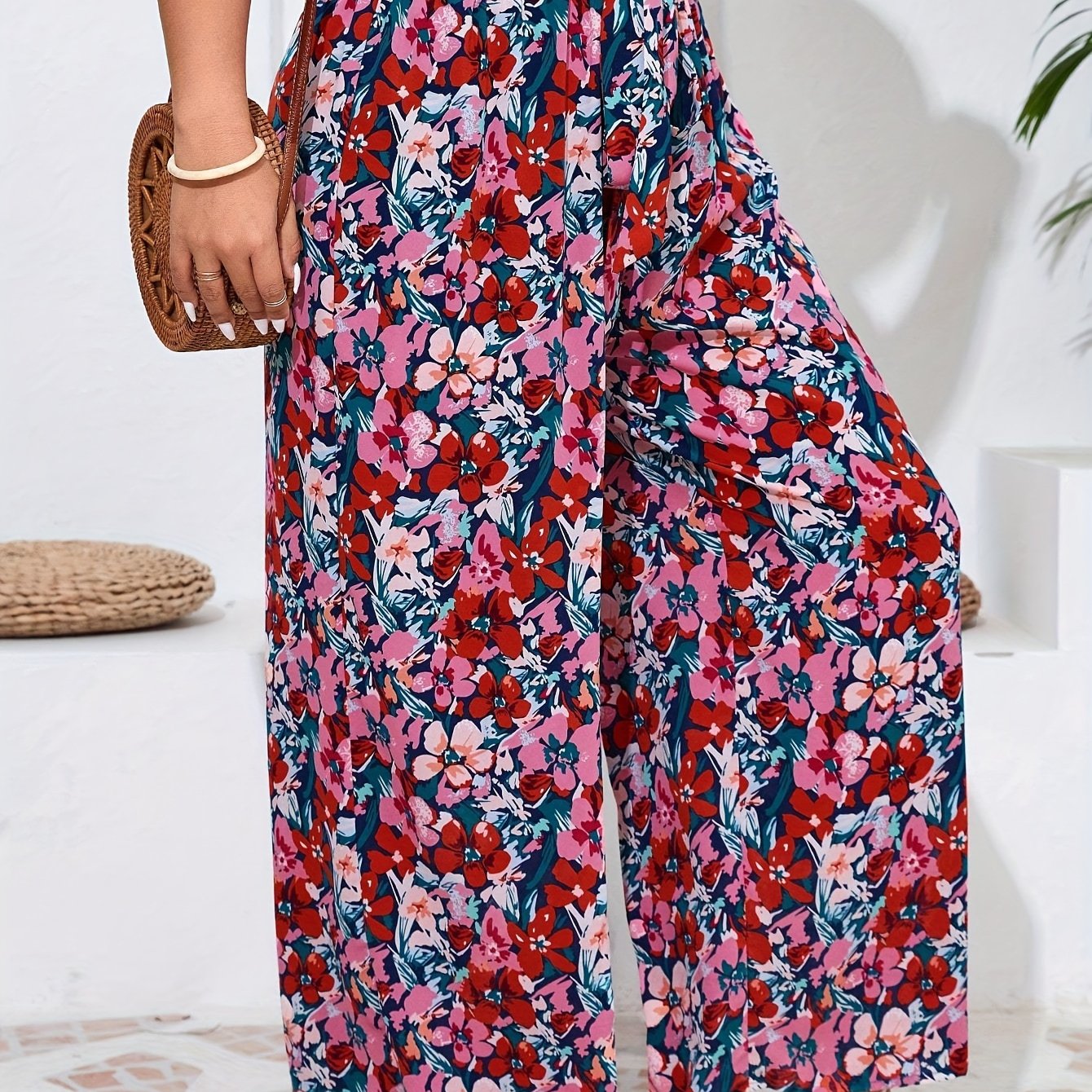 Plus Size Women's Floral Print Wide Leg Pants Casual Relaxed Fit Durable Trousers