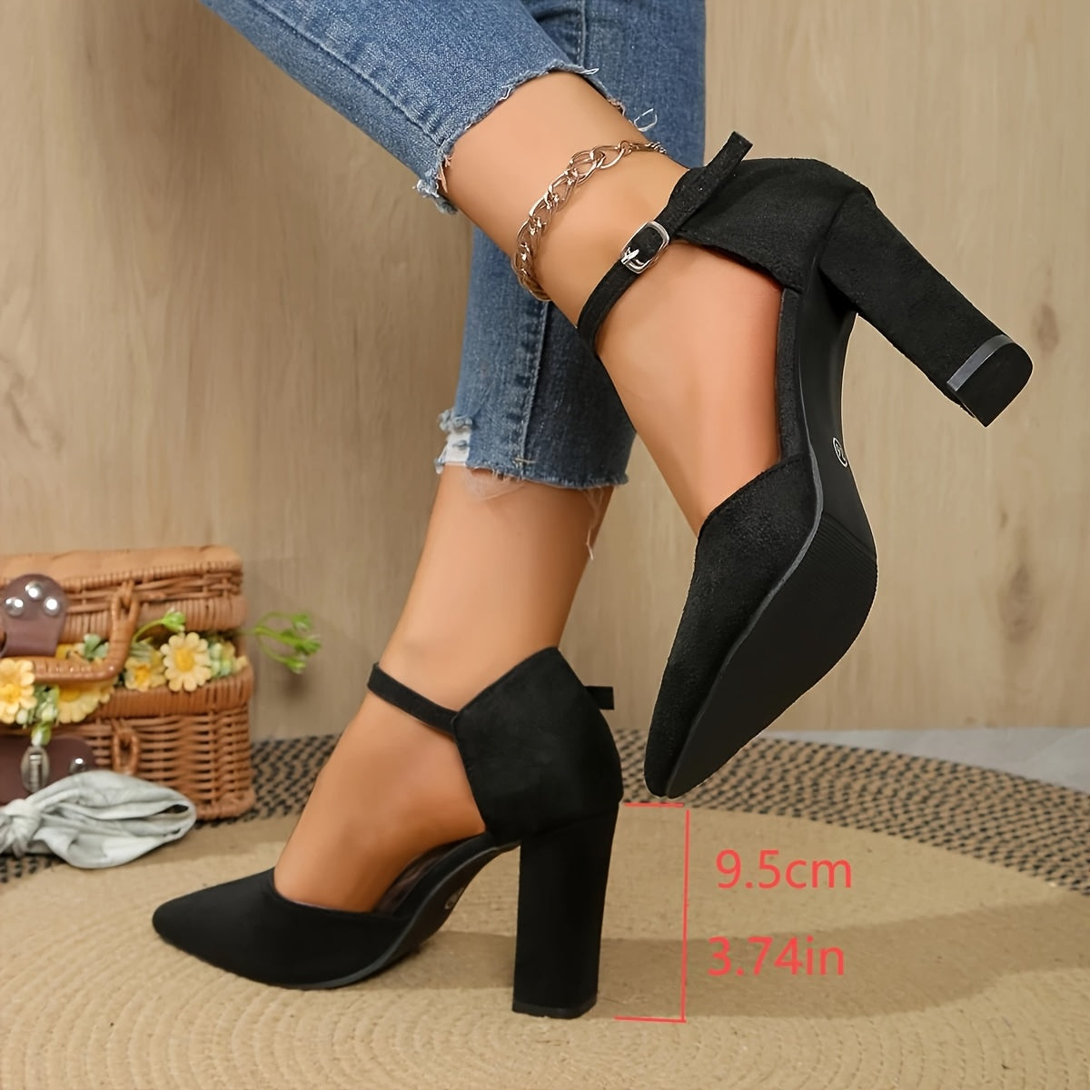 Women’s Black Fabric High Heels with Ankle Strap, Pointed Toe, Block Heel
