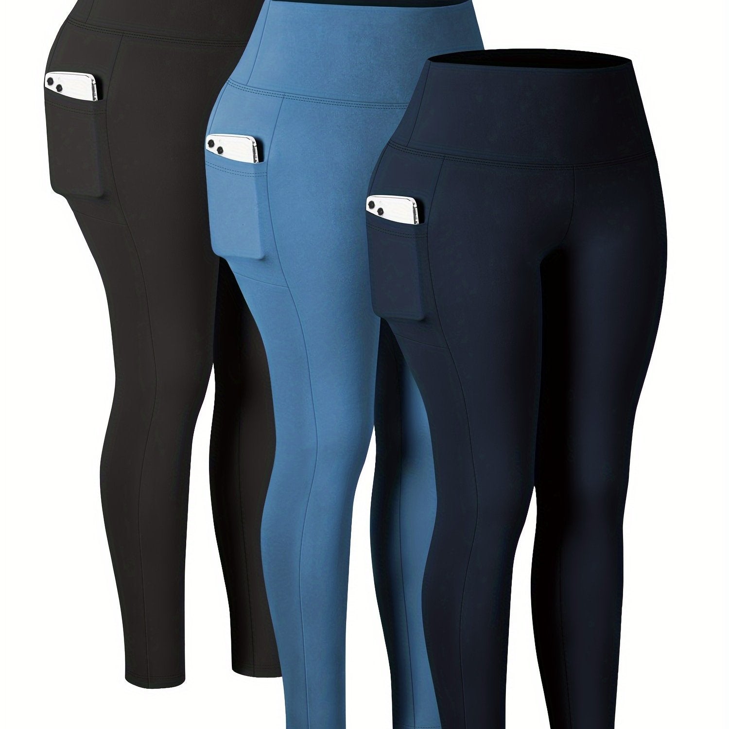 Plus Size Womens Leggings with Pockets High Waisted Tummy Control Black Yoga Pants 3 Pack