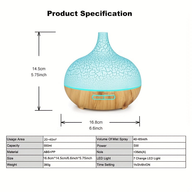 550ml Ultrasonic Aroma Diffuser with 7 LED Colors and Timer for Home Office