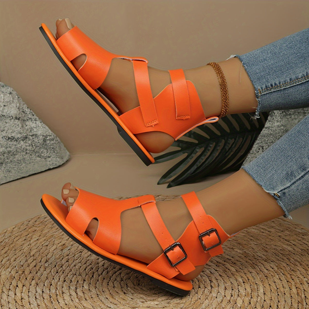 Women's Retro Roman Peep-Toe Shoes Leather Craft City Fashion