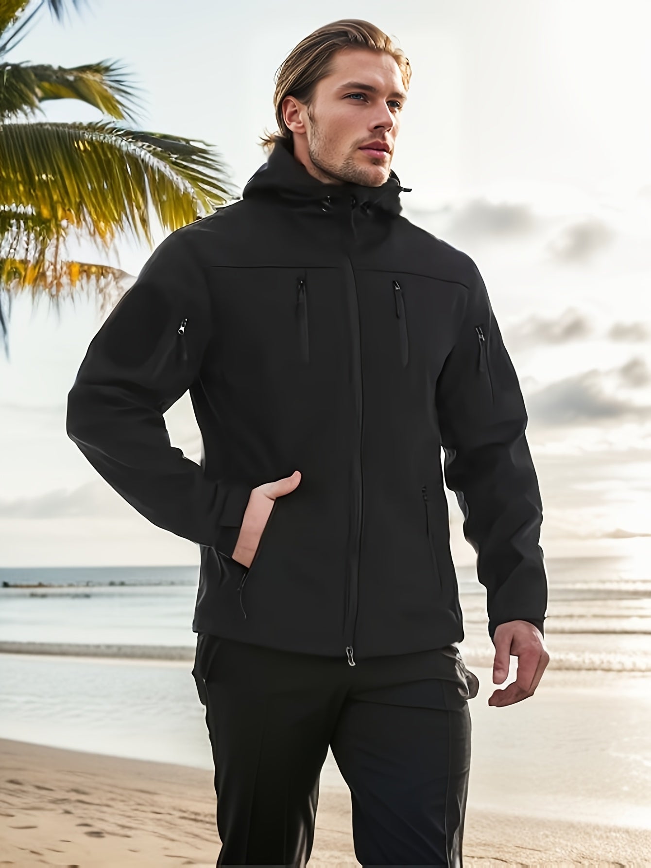 Chaqueta táctica softshell para hombre con capucha, cierre de cremallera, cálida para otoño e invierno, ropa exterior