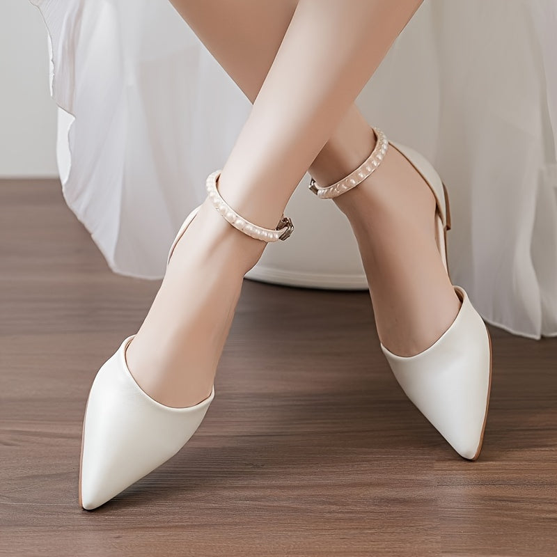 Ayollar uchun marjon bilan bezatilgan bilakbog'li qattiq rangli yopiq barmoqli tufli