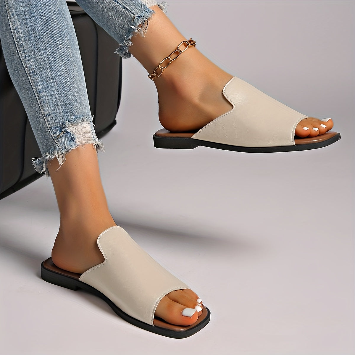 Women's Summer Flat Sandals Black Faux Cover Tan Sole Slip-On Arch Support