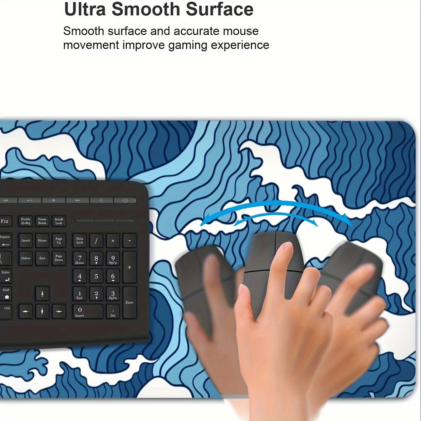 Blue White Wave Graphic Gaming Mouse Pad XL Non-Slip Desk Mat 80x30 Cm