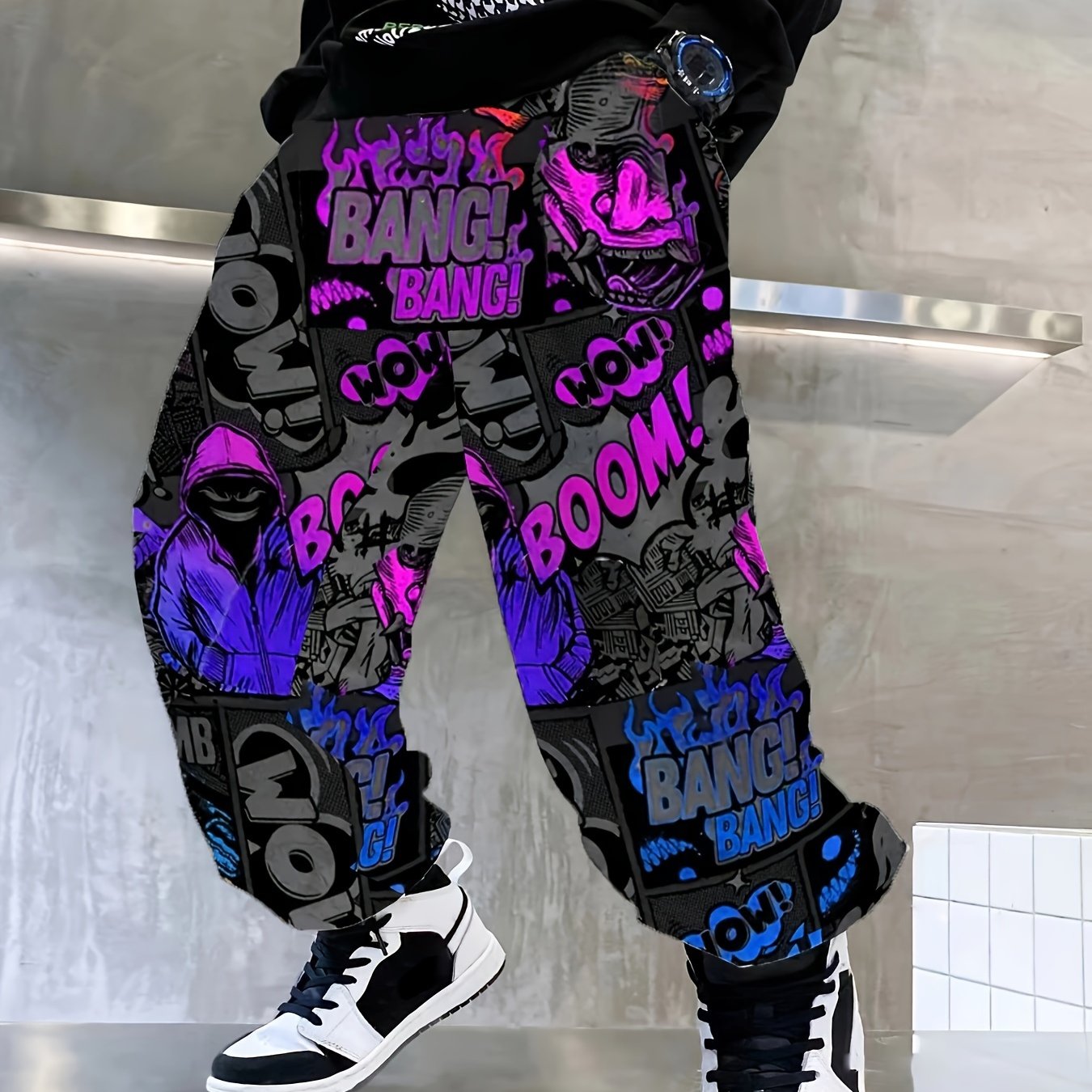 Boys Joggers with Graffiti Ink Splash Print Elastic Waist Casual Sportswear