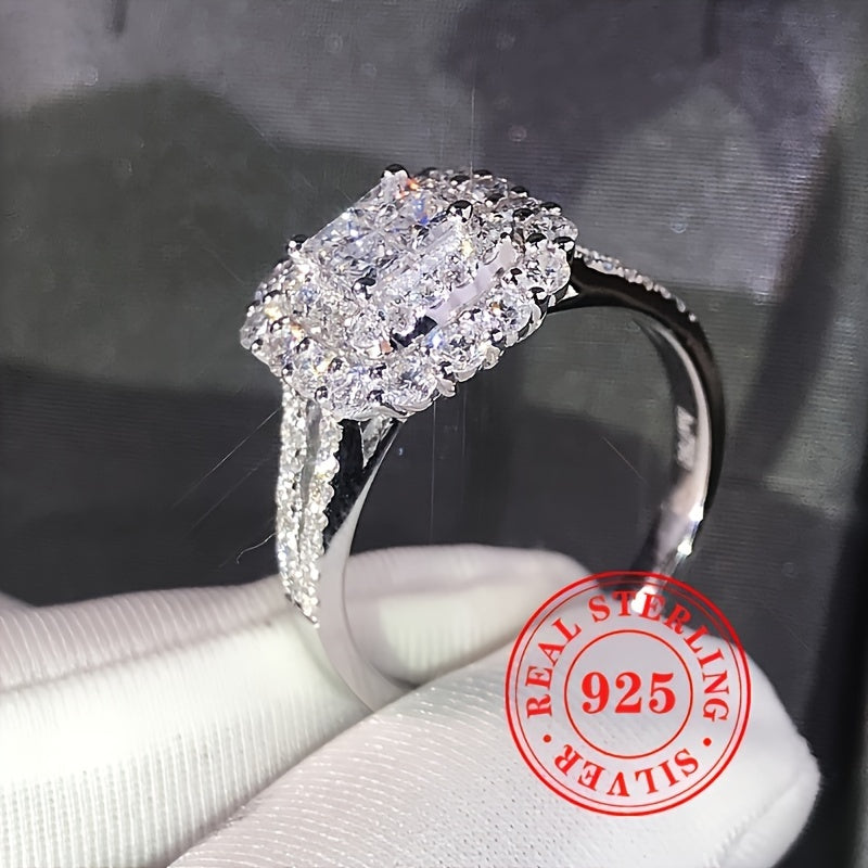 Ayollar uchun nozik to'y taklifi kelin zargarlik: Yorqin kubik zirkoni bilan hashamatli S925 sterling kumush kvadrat to'y uzugi, ajoyib porloq uslub