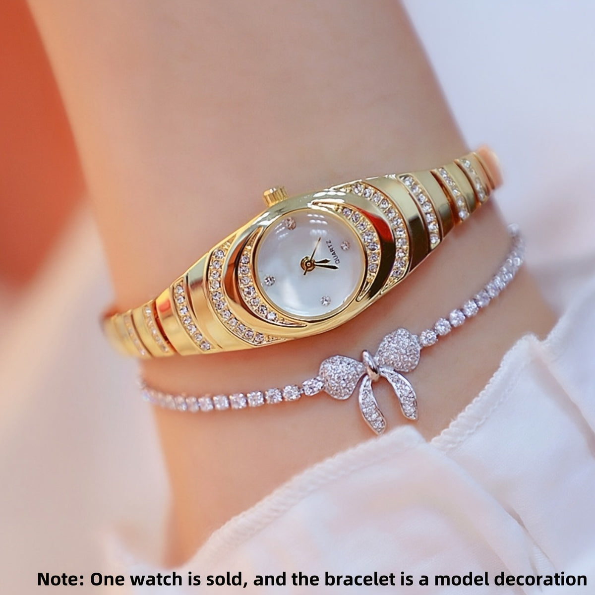 Women's Watch with Round Dial, Water Diamonds, Gold Quartz Movement