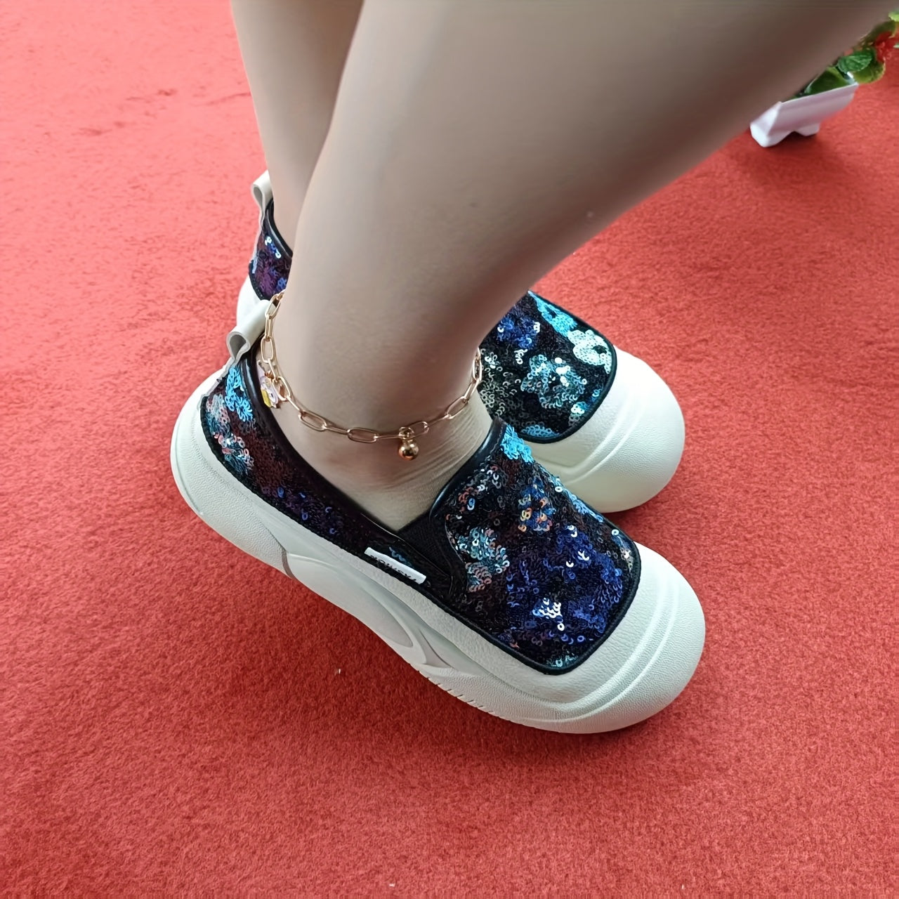 Women's Floral Glitter Casual Sneakers with Cushioned Insole and Rubber Sole