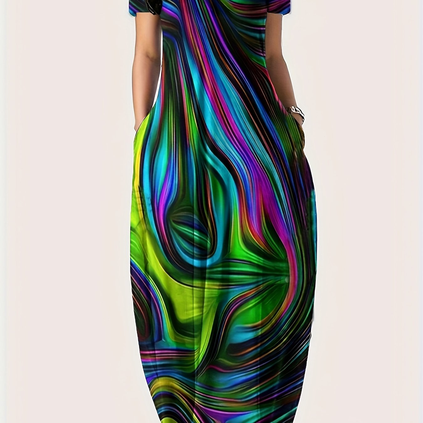 Платье-макси с геометрическим принтом для полных, полиэстеровое трикотажное, повседневное, свободного кроя, с карманами, для всех сезонов