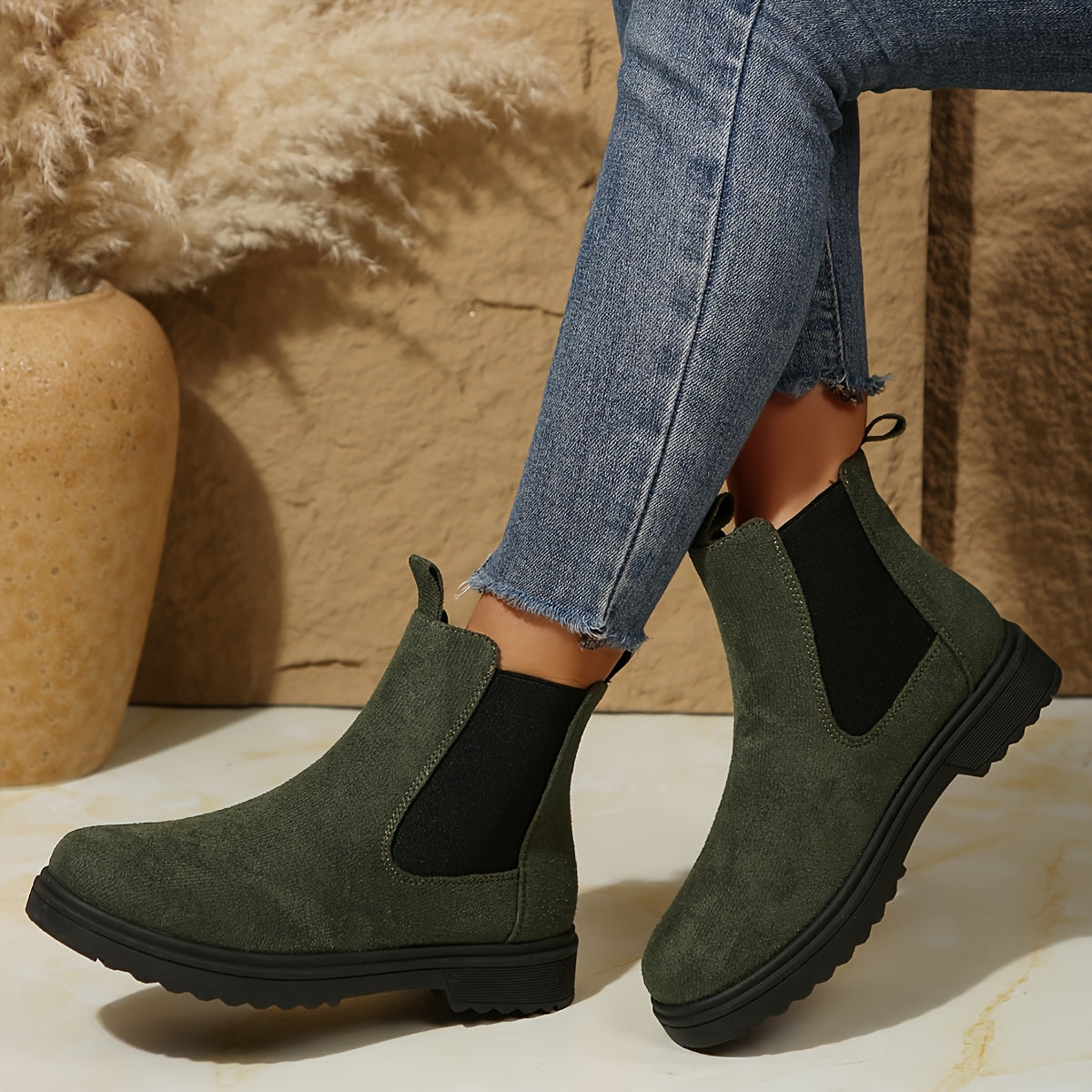 Women's Velvet Short Boots Black Green Brown Flared Casual Hiking Shoes