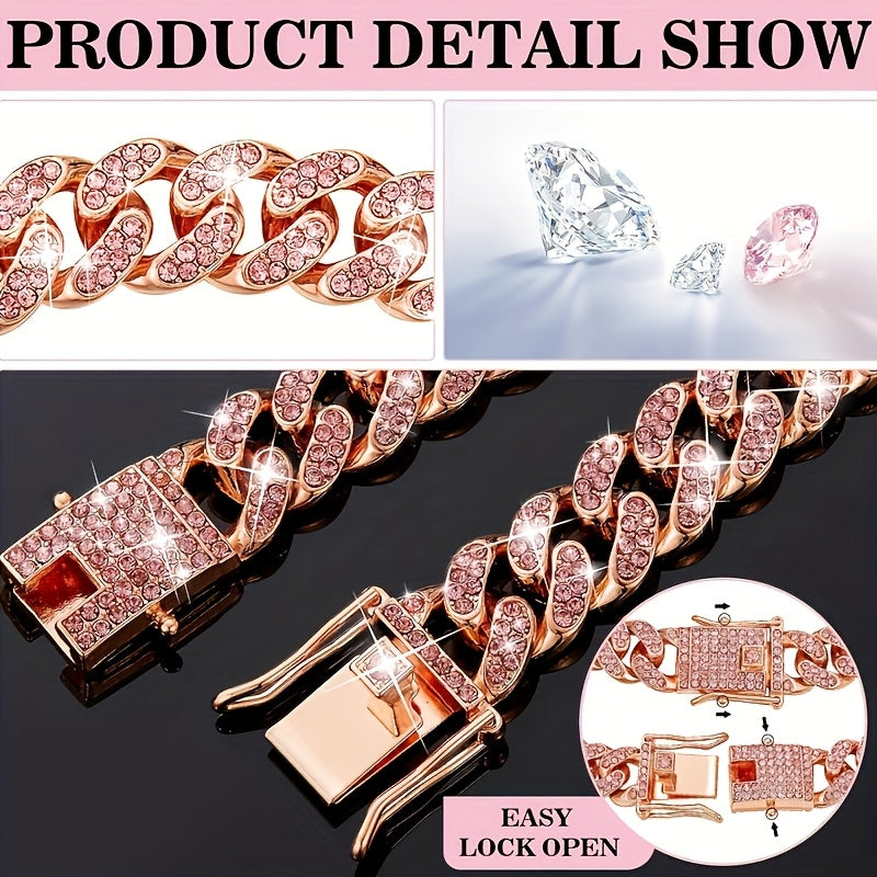 Dog Collar with Rhinestones Cuban Link Stainless Steel 13mm Wide Adjustable