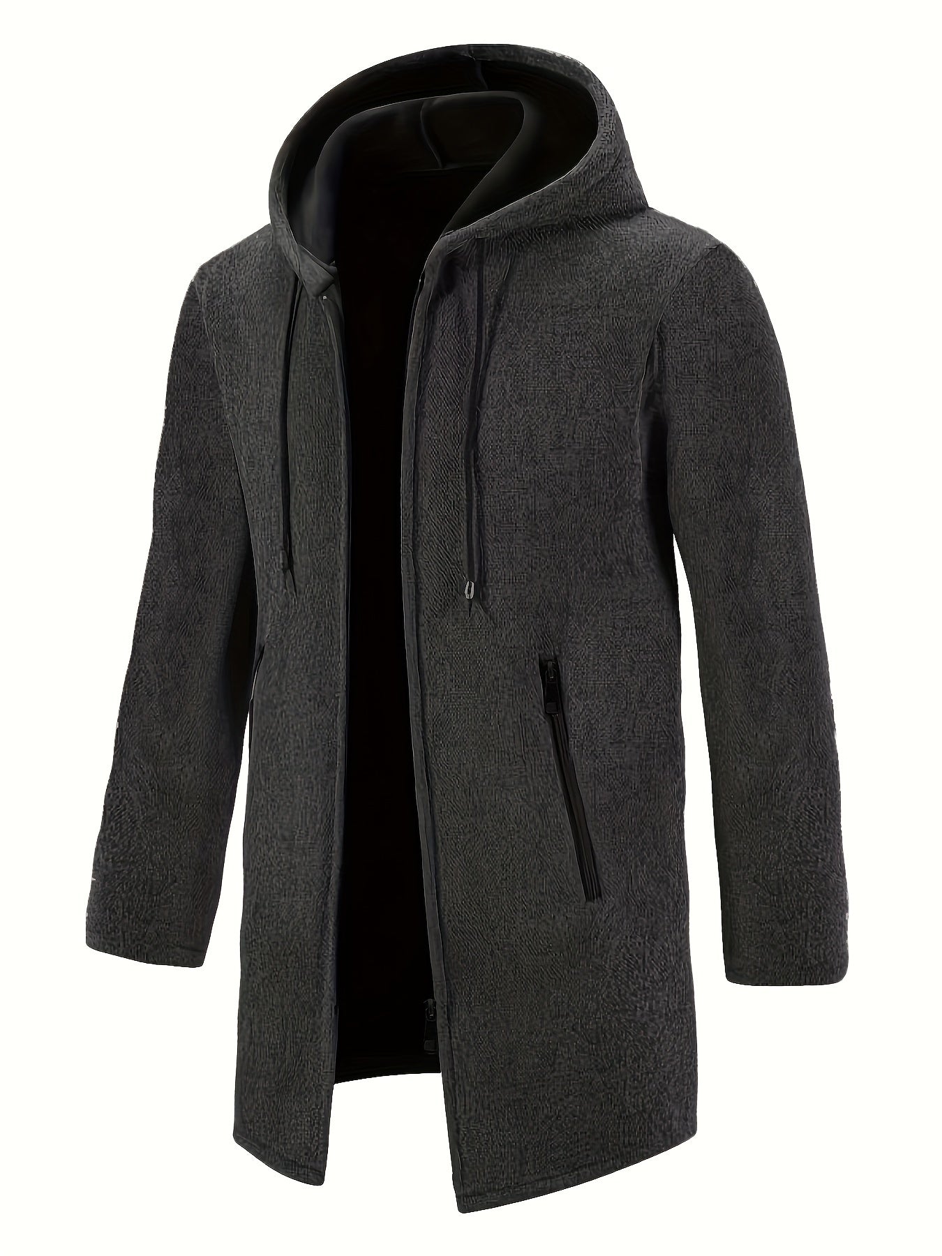 Erkaklar uchun sarg'ish kulrang polyester trench palto, tortish qismi, bosh kiyim, metall fermuar tafsiloti va cho'ntaklar bilan, kuz/qish uchun mukammal, katta o'lchamda.