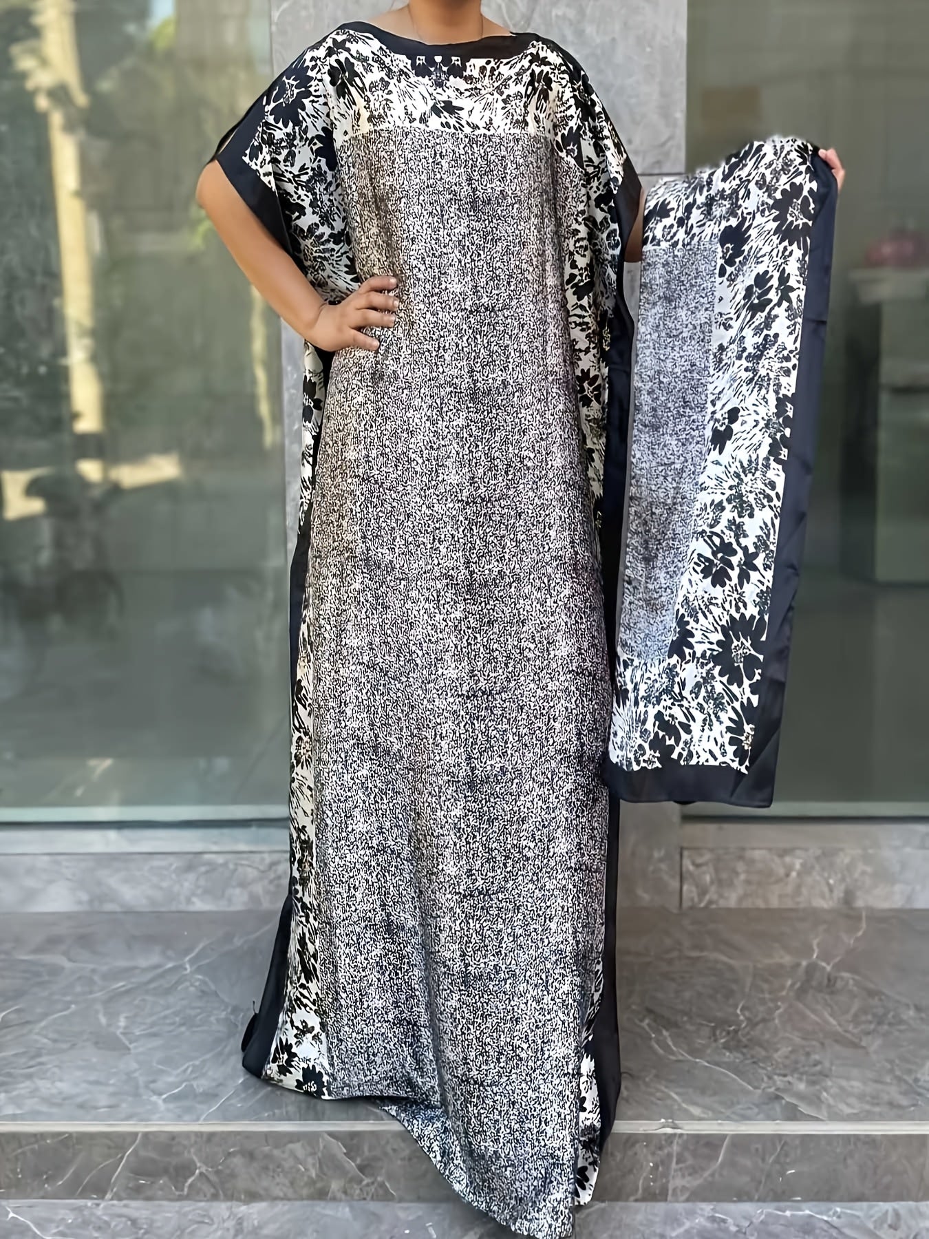 Платье макси для женщин больших размеров с цветочным геометрическим принтом и шарфом, длинные рукава, повседневное для всех сезонов