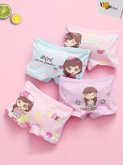 Set of 4 Kids Cotton Briefs with Cartoon Girl Print Soft Cotton All-Season Comfortable