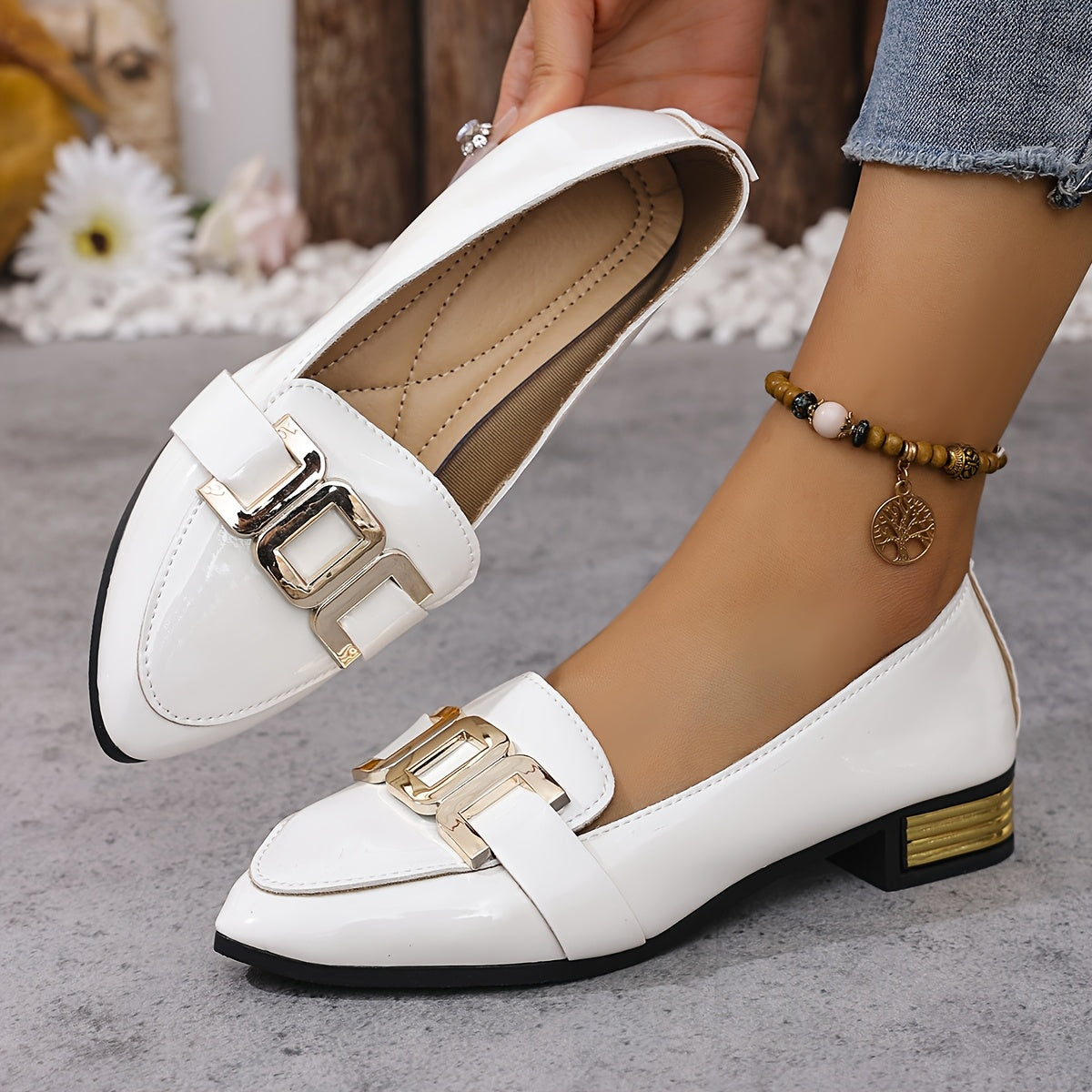 Women's White Pointed Toe Loafers with Metallic Buckle Synthetic Shoes