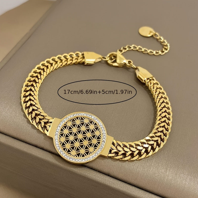 Hollow Gold-Plated Stainless Steel Bracelet with Rhinestones for Women