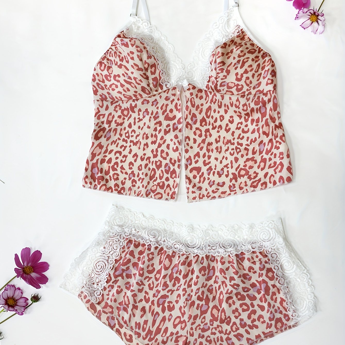 Women's Satin Lace Pajama Set with Rose Print and Slit for Valentine's Day