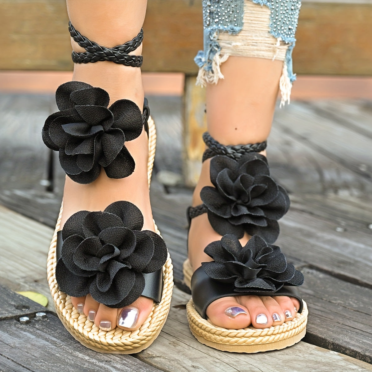 Women's Double Floral Ankle Strap Sandals Lightweight Flat Summer Beach Shoes