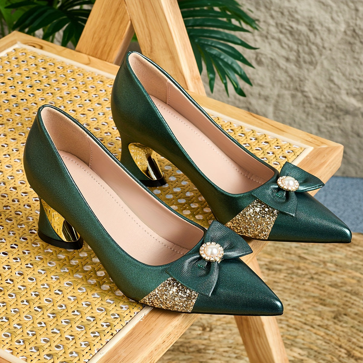 Women Faux Leather Pointed Toe Mules with Pearl Flower Decor High Heel Shoes