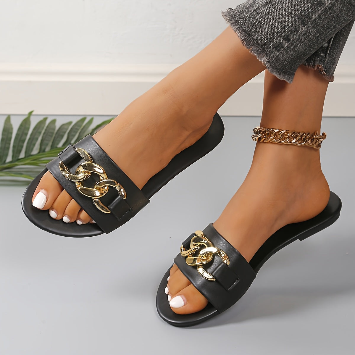 Women's Summer Slide Sandals PU Open Toe Solid Color Rubber Sole