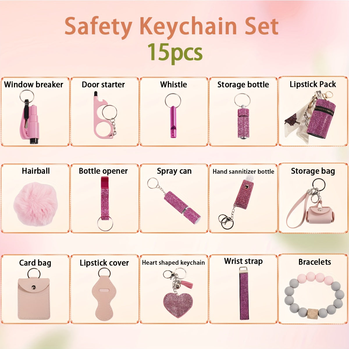 Set of 15 Rhinestone Safety Keychains with Wristlet, Pouch, Pom Pom Card Holder and Accessories