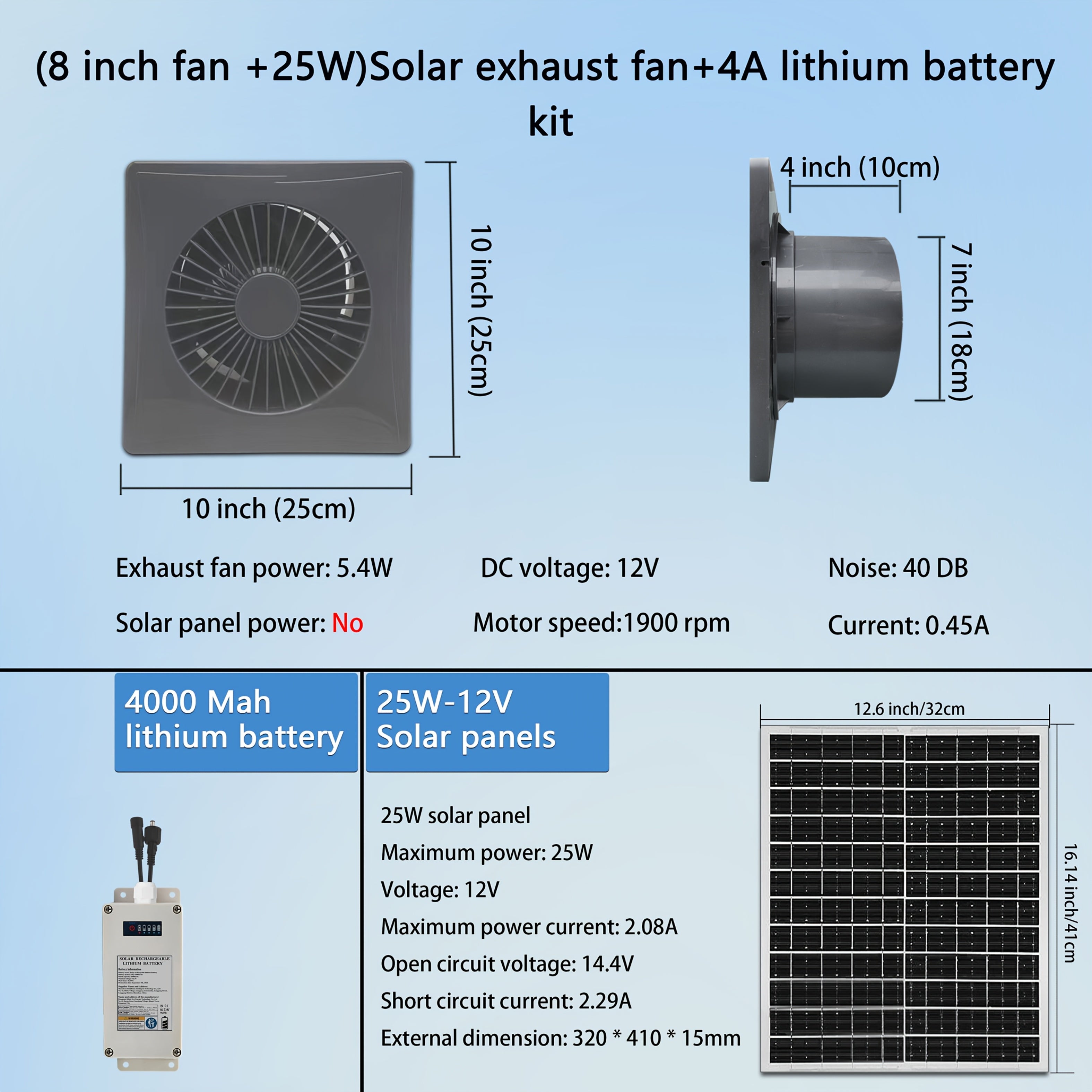 Quyosh energiyali shamollatgich kulrang 10-20cm Batareya to'plami issiqxona ventilyatsiyasi uchun