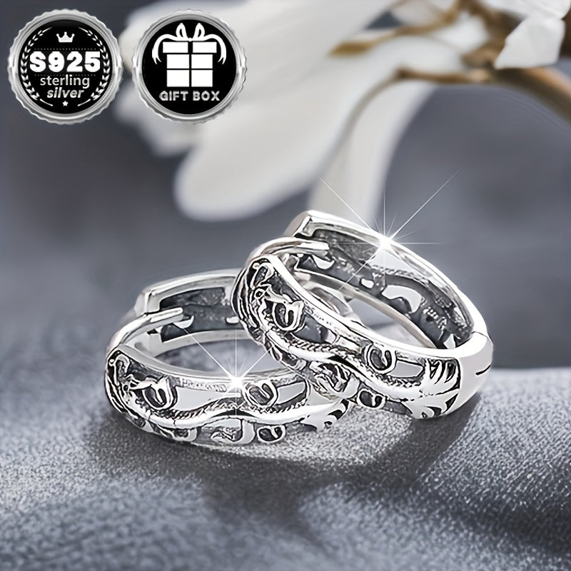 Unisex Hypoallergenic S925 Sterling Silver Hoop Earrings with Chinese Totem Design