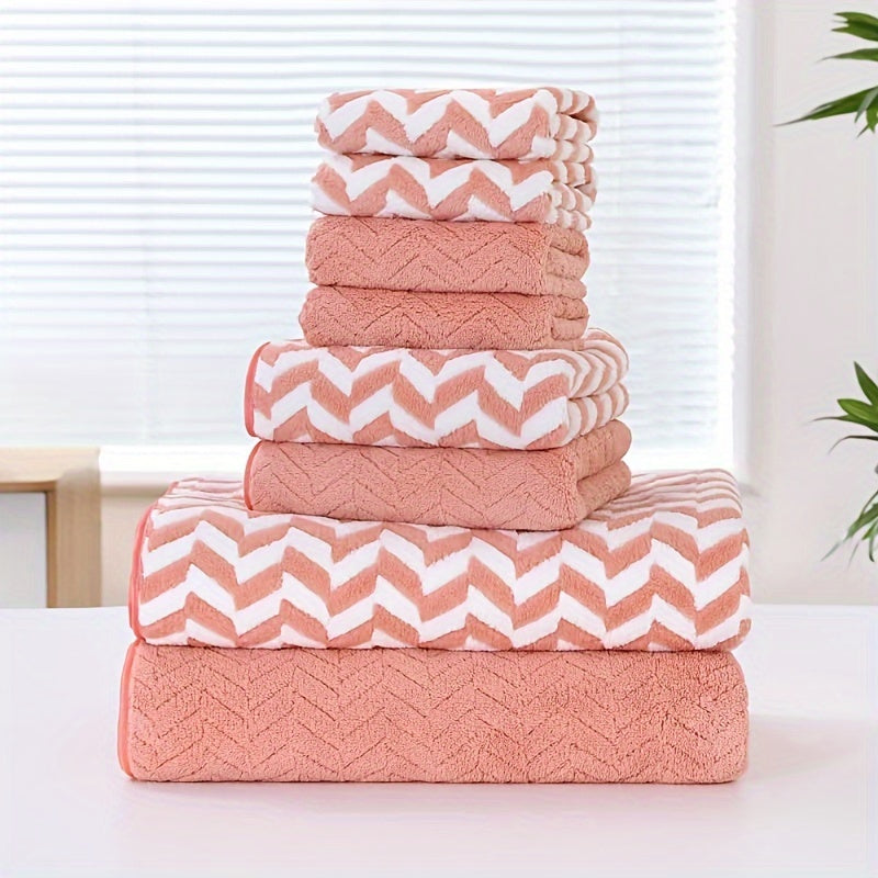 8-Piece Chevron Stripe Polyester Towel Set for Bathroom Spa Hotel Quick-Drying Absorbent