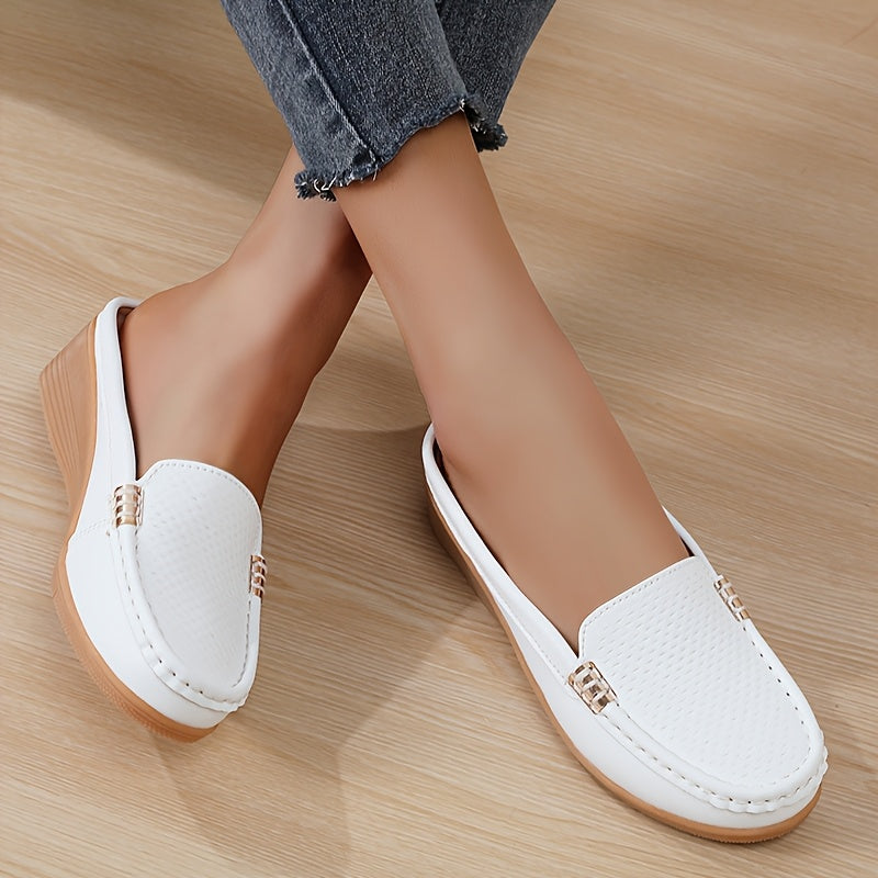 Women Slip-On Loafers Faux Leather Casual Shoes Golden Buckle All-Season