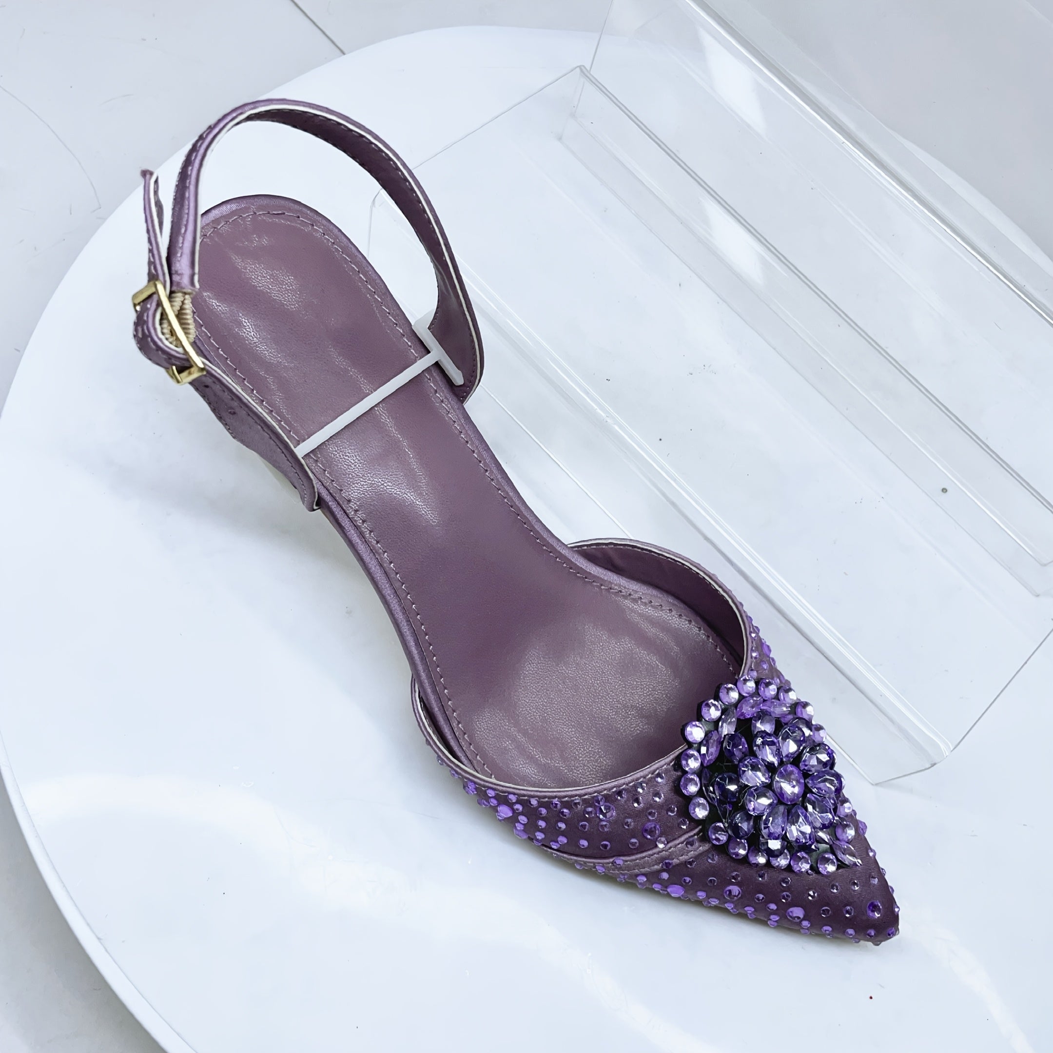 Women Purple Pointed Toe Flare Heel Shoes with Rhinestones for Weddings