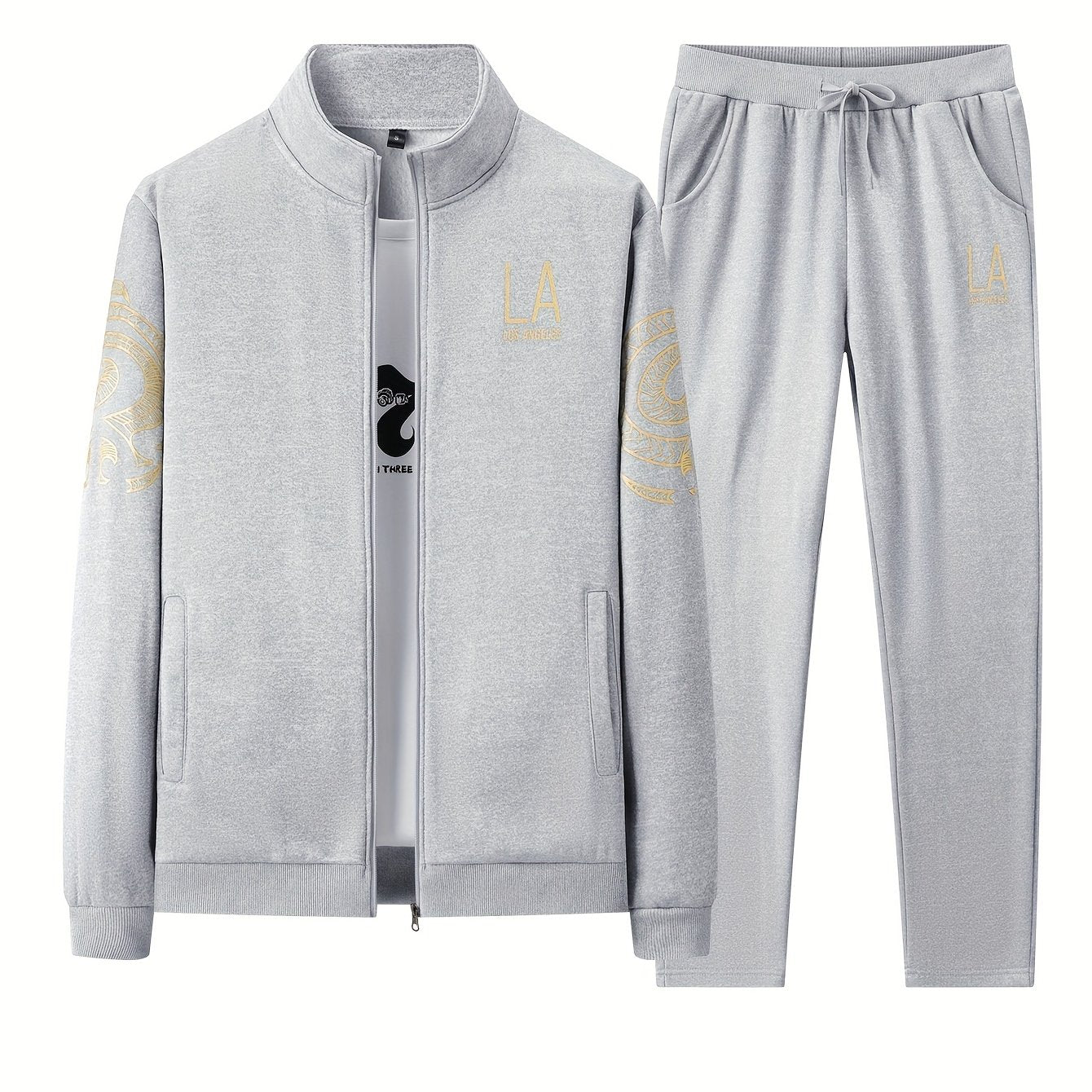 Erkaklar uchun bosma tasodifiy to'plam, bahor/kovak uchun turli xil ko'ylak va zip-up jakketi bilan polyester sviter va joggerlarni o'z ichiga oladi.