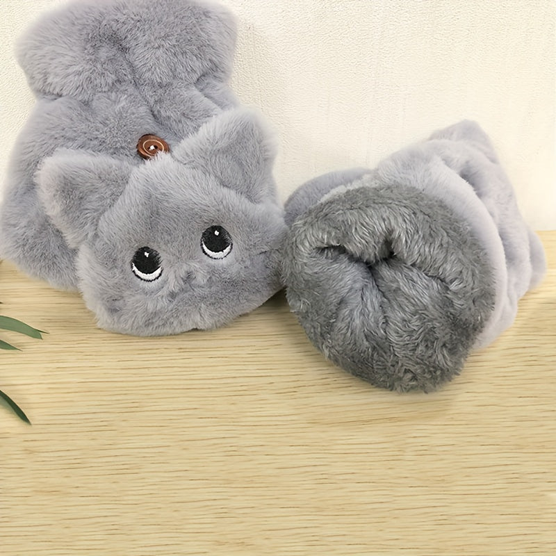 Set of 2 Cat Plush Fingerless Gloves Cozy Faux Rabbit Fur Warm Gift for Christmas Halloween Thanksgiving New Year