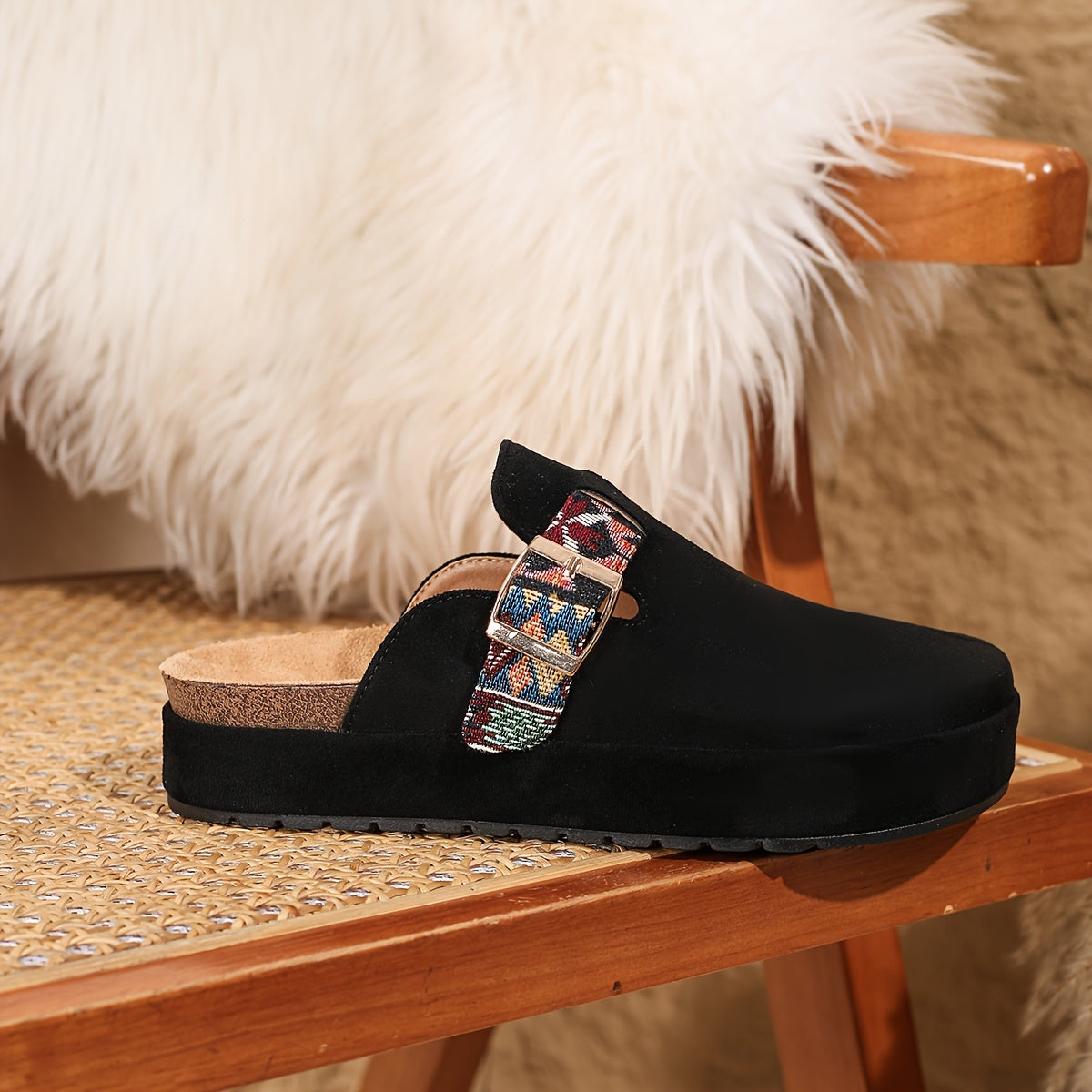 Women's Summer Slip-On Mules Beach Shoes with Embroidery Black White