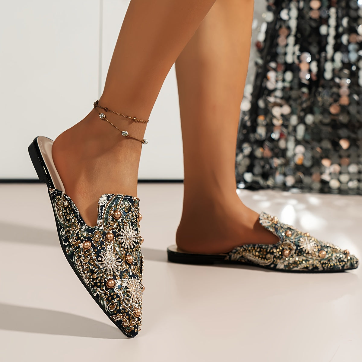 Women's Slide Sandals Pointed Toe Star Pattern Flat Slip-On Summer Fabric