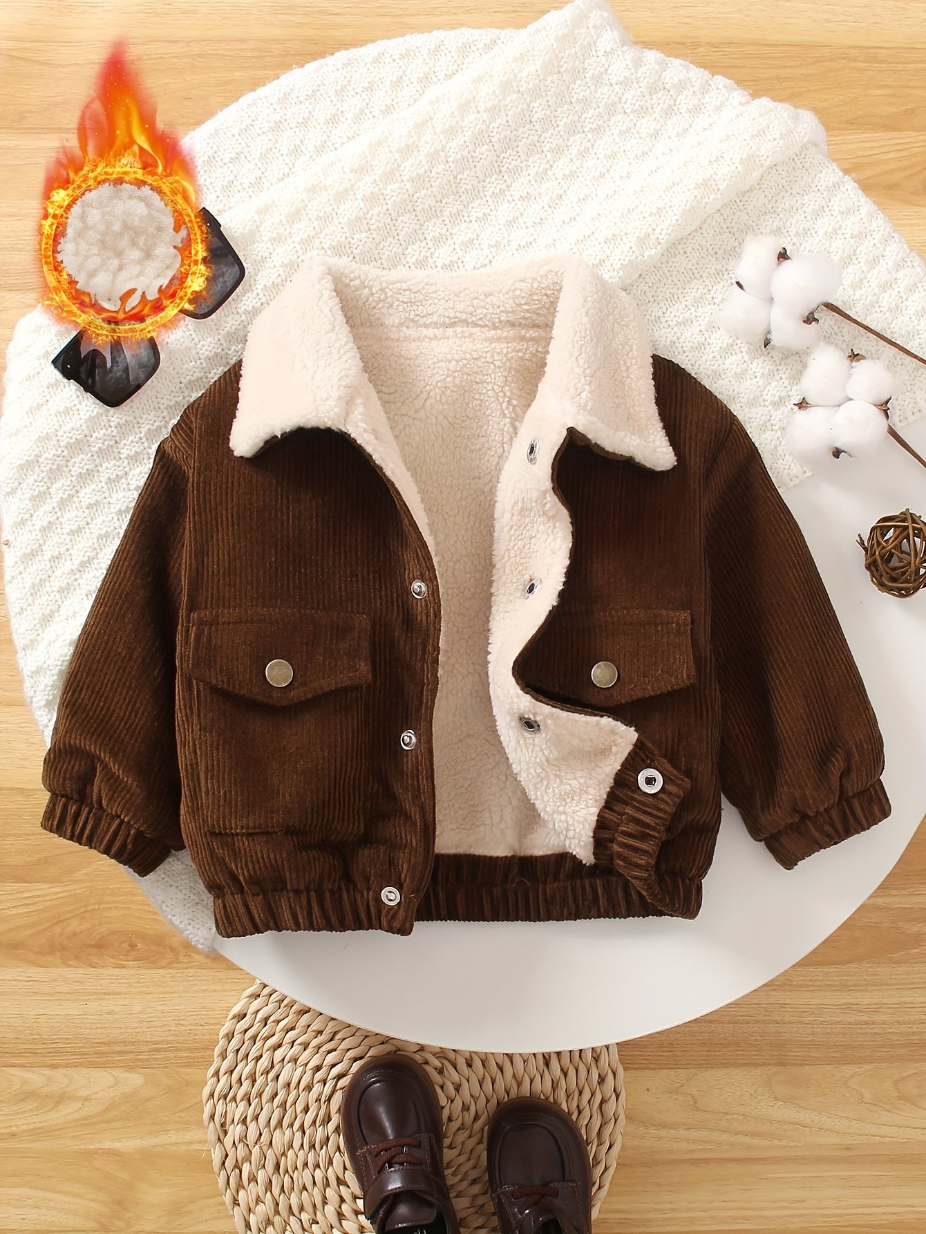 Baby Boy Corduroy Jacket with Fuzzy Lining, Button Front, Turndown Collar for Fall Winter Outdoor