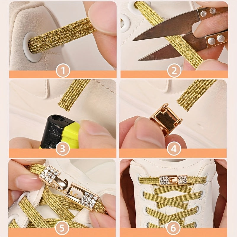 Unisex Rainbow Rhinestone Buckle Shoelaces 3 Pairs, Elastic, Fashion