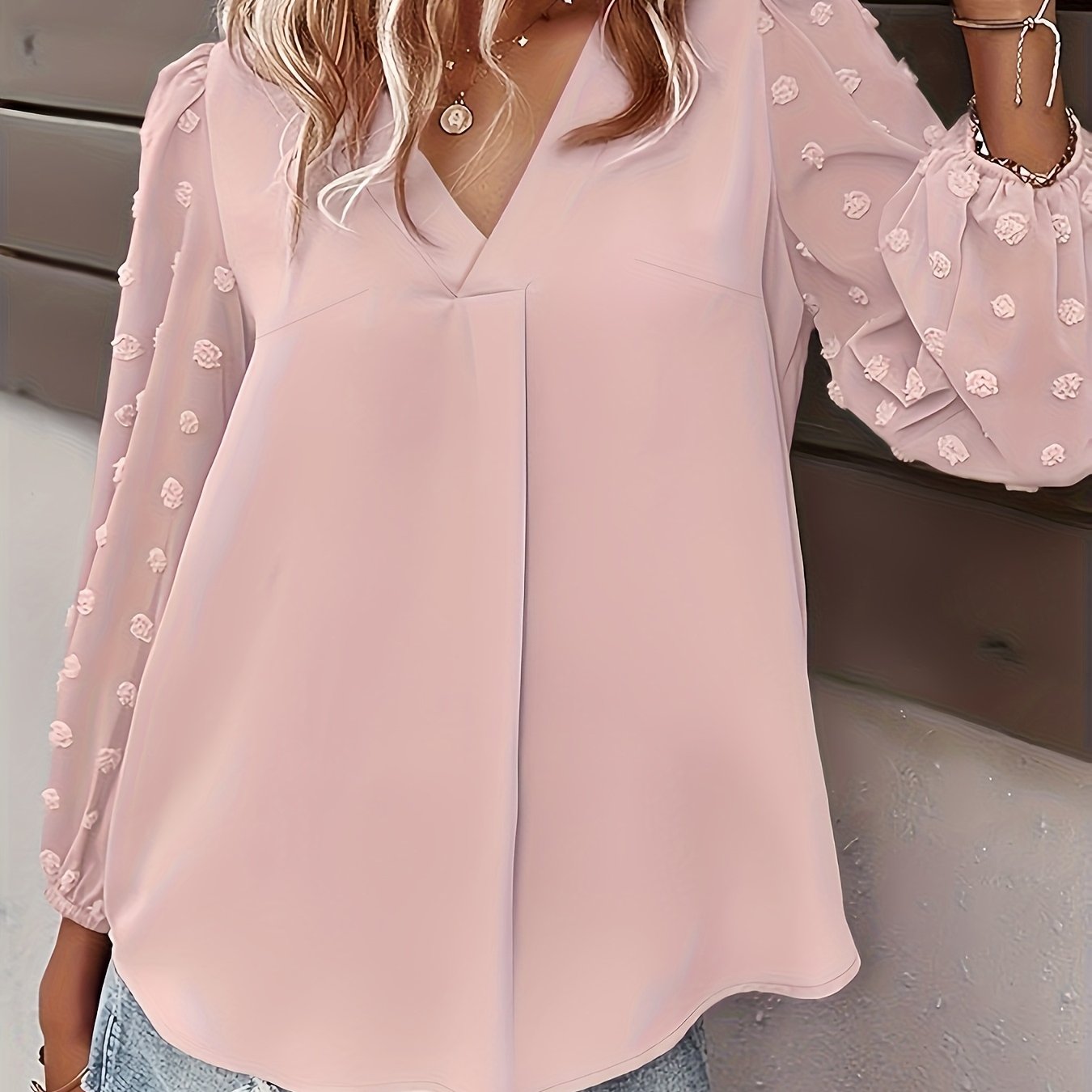 Plus Size Women's V-Neck Blouse Long Sleeve Yellow Casual Top